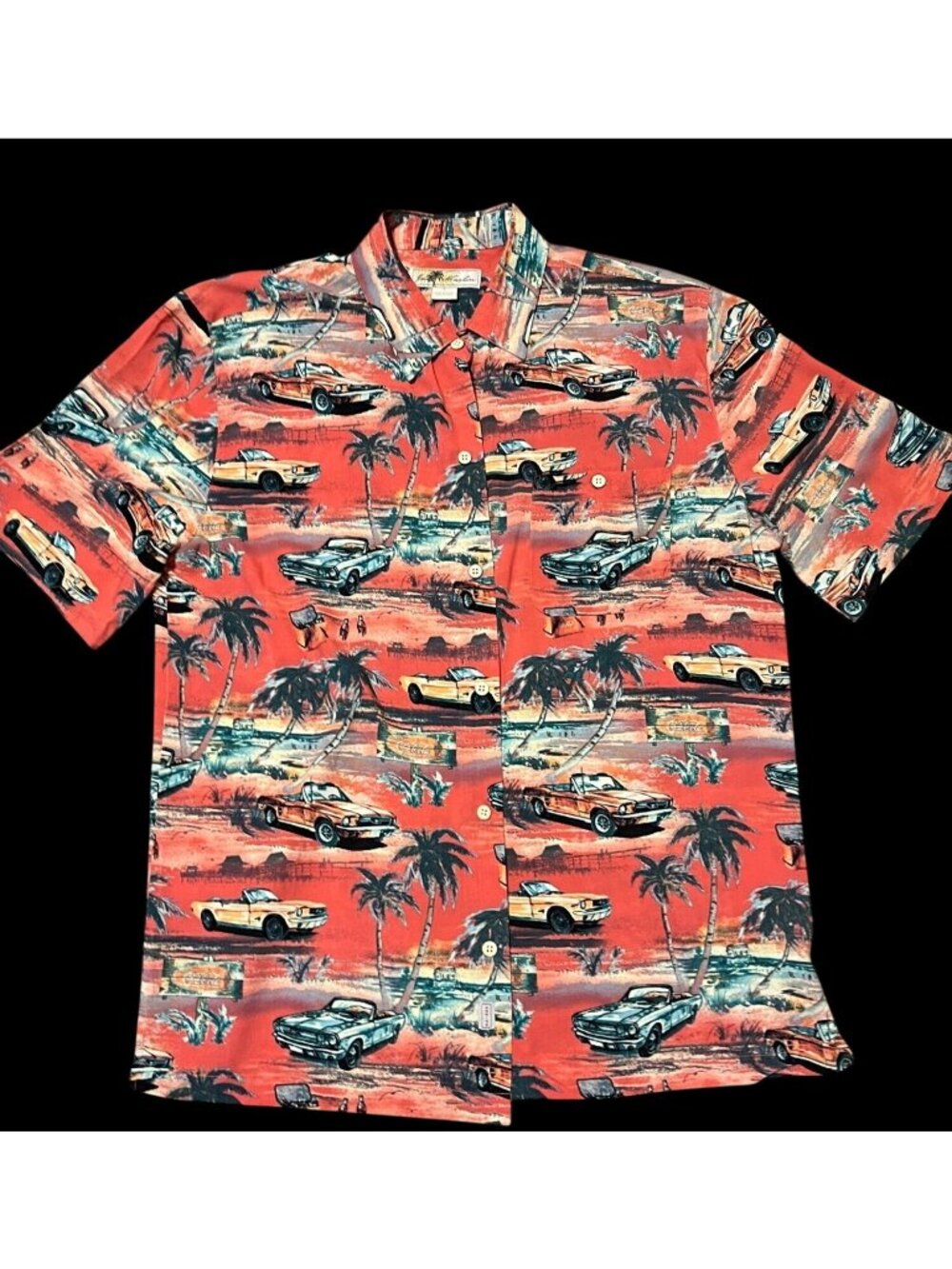 Ford Mustang Hawaiian Button-Up Shirt "shrimp orangie" colored Palm Tree & Car